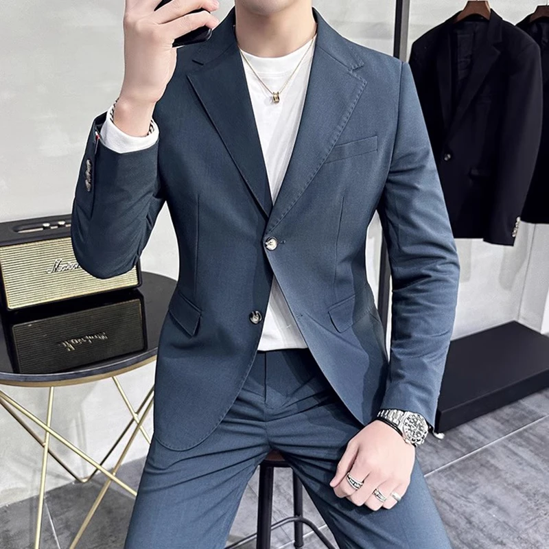 春夏季薄款防晒大码西服套装男士休闲西装两件套高级感礼服垂感潮