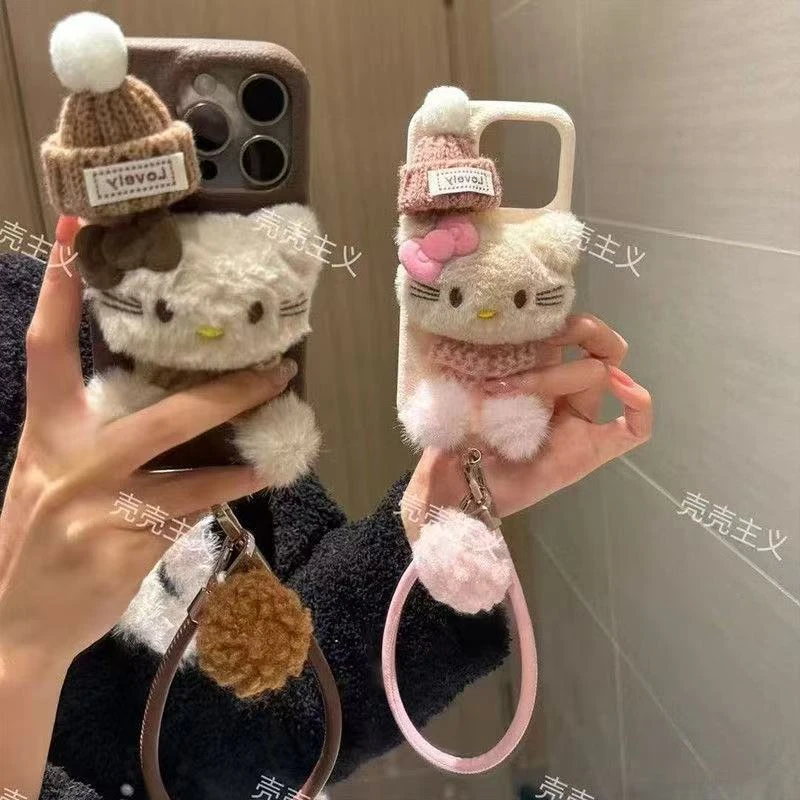 冬季适用毛绒蝴蝶结凯蒂猫皮纹手机壳多款苹果机型通用秋冬
