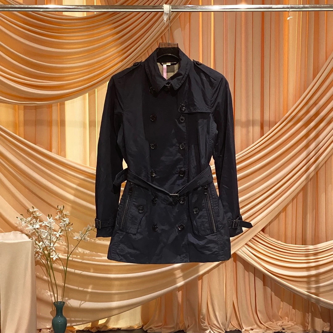 99新 BURBERRY/博柏利 藏青色内里格纹双排扣风衣/uk10码/38751