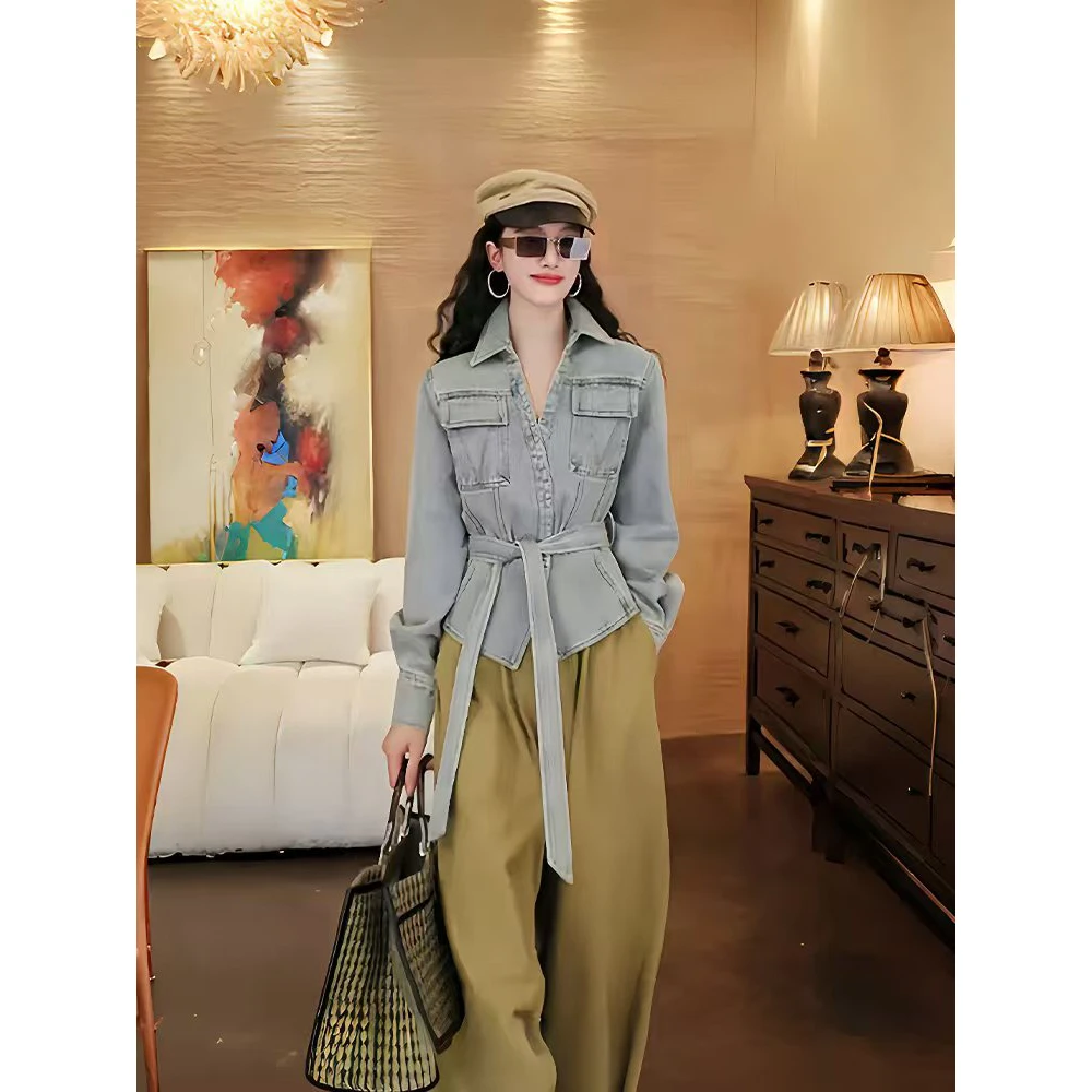美式复古气质时尚牛仔外套女2025春季新款又a又飒系带高级收腰