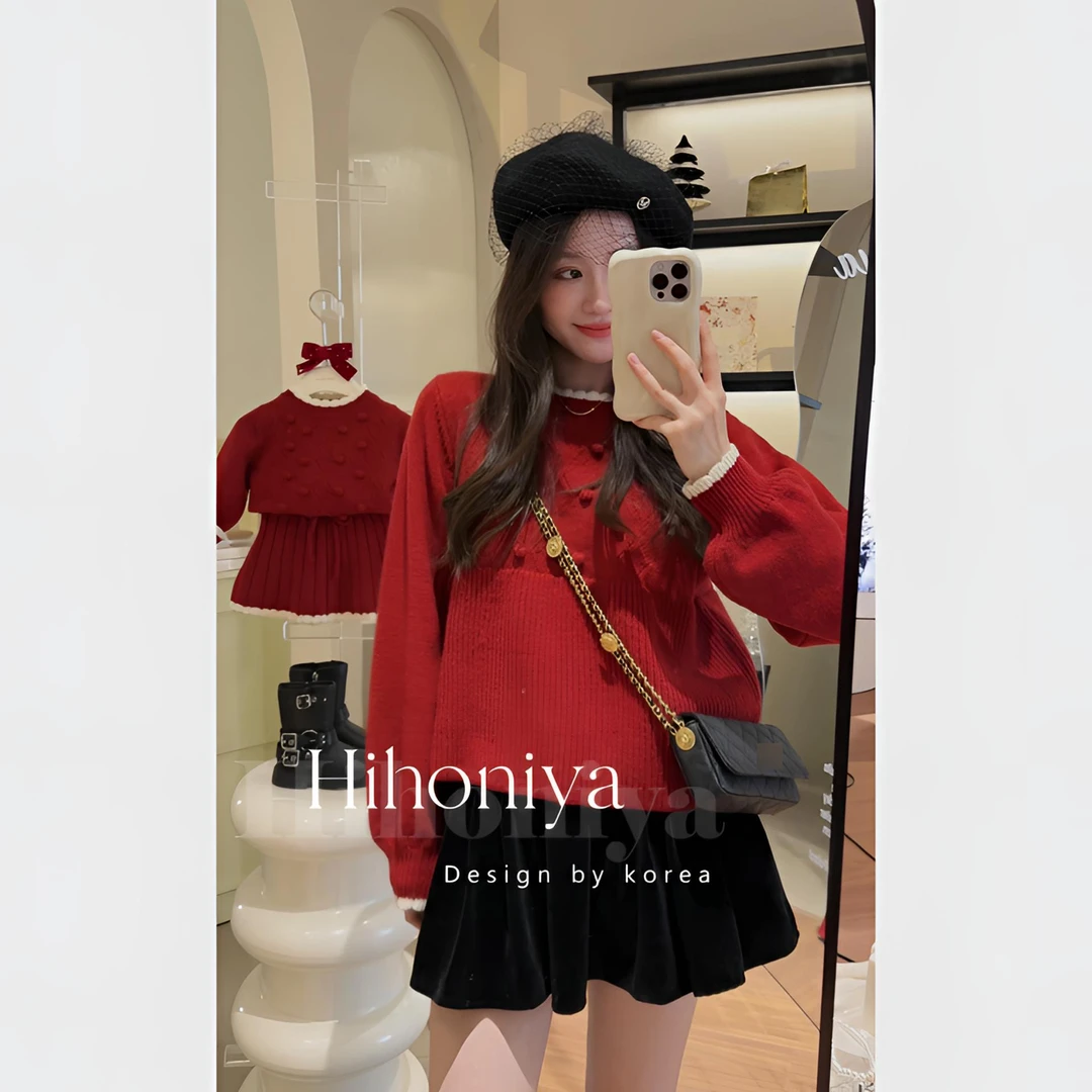 现【圣诞氛围】Hihoniya~2023秋冬手工球球暗纹钩花半裙套装亲子