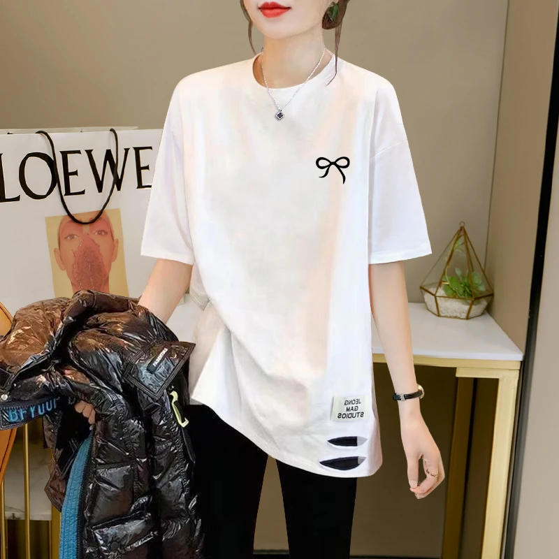 100纯棉中长款短袖女t恤搭打底裤2025新款夏宽松半袖破洞遮屁股潮