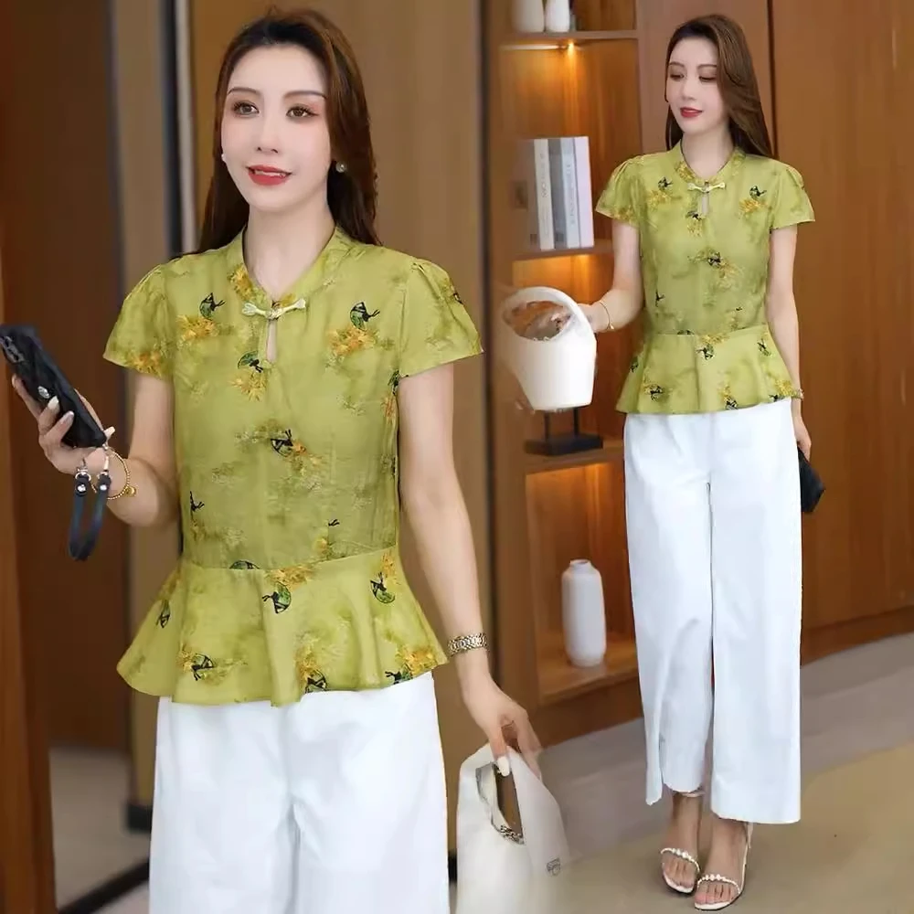 时尚套装女2025夏季新款国风盘扣立领印花短袖衬衫阔腿裤两件套潮