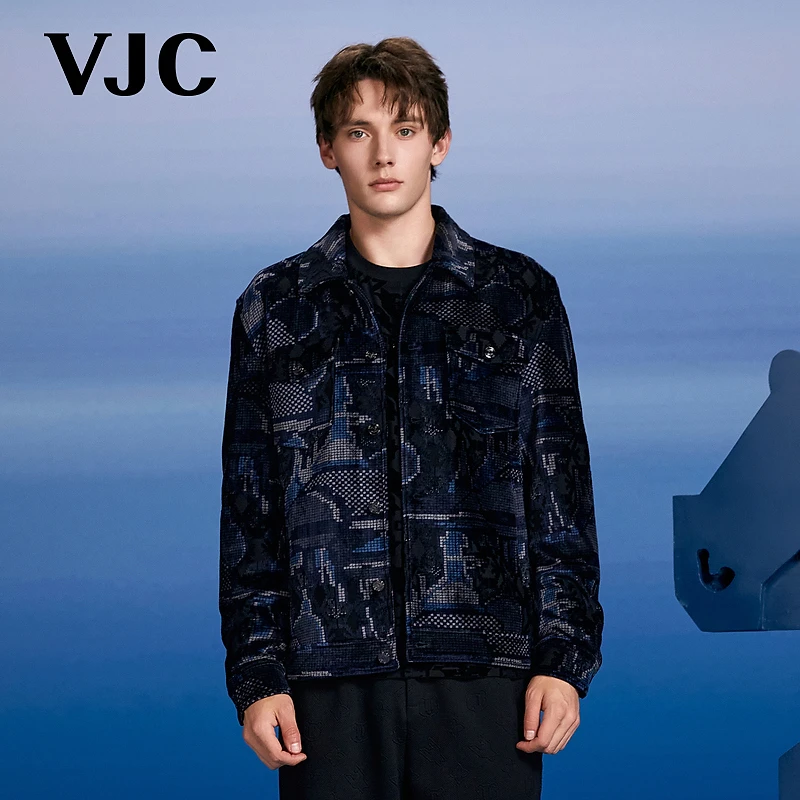 VJC/威杰思2025秋季新款男装时尚潮流丝绒提花针织外套B24DE2277