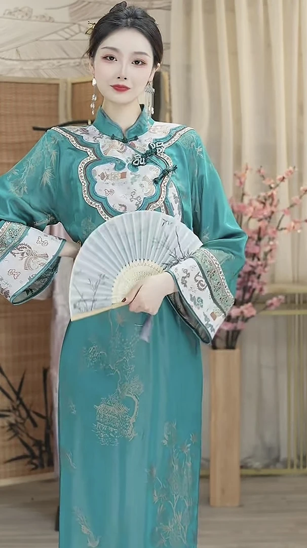 微岚熙2025春季新款中国风飘逸日常雀蓝长款连衣裙1433