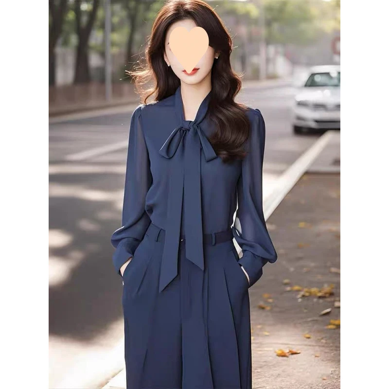 蓝色雪纺套装秋装女2025年新款时尚百搭高级感蝴蝶结上衣阔腿裤两