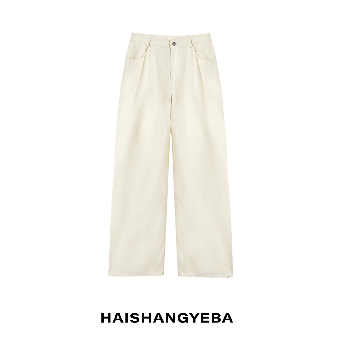 【海上叶爸】新款2025夏季百搭亚麻中高腰宽松直筒阔腿休闲裤