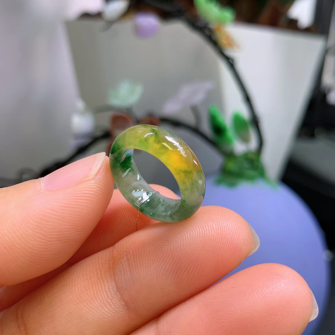 3圈口缅甸天然翡翠A货冰黄加绿戒指169#