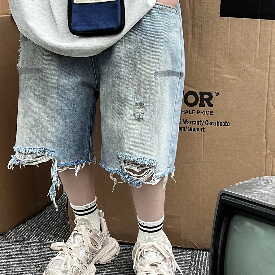 【Tang小白】25夏款儿童美式涂鸦做旧复古破洞男女童牛仔短裤五分裤