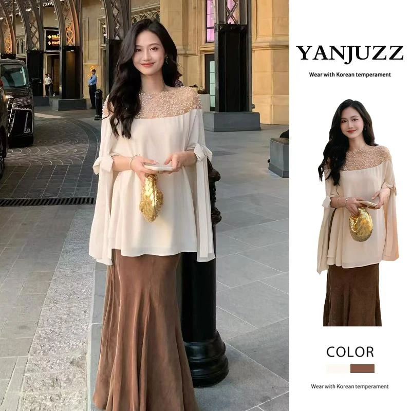 VOCKOO官方大方得体一整套大码胖mm重工珍珠披肩上衣收腰鱼尾裙绝