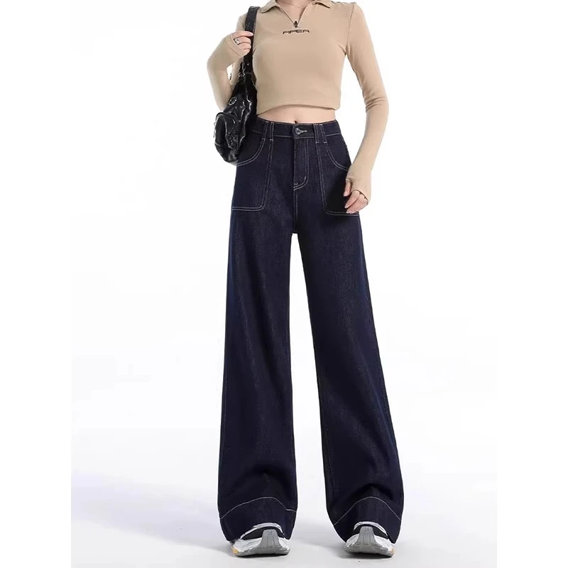 丹宁蓝复古弹力阔腿牛仔裤女高腰胖mm宽松梨形身材遮胯显瘦裤子