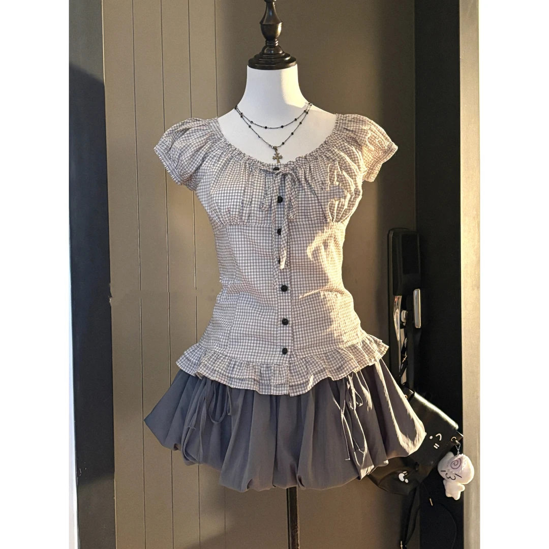 宅系可爱日系格子花边短袖上衣女夏小个子修身显瘦萌妹少女风衬衫