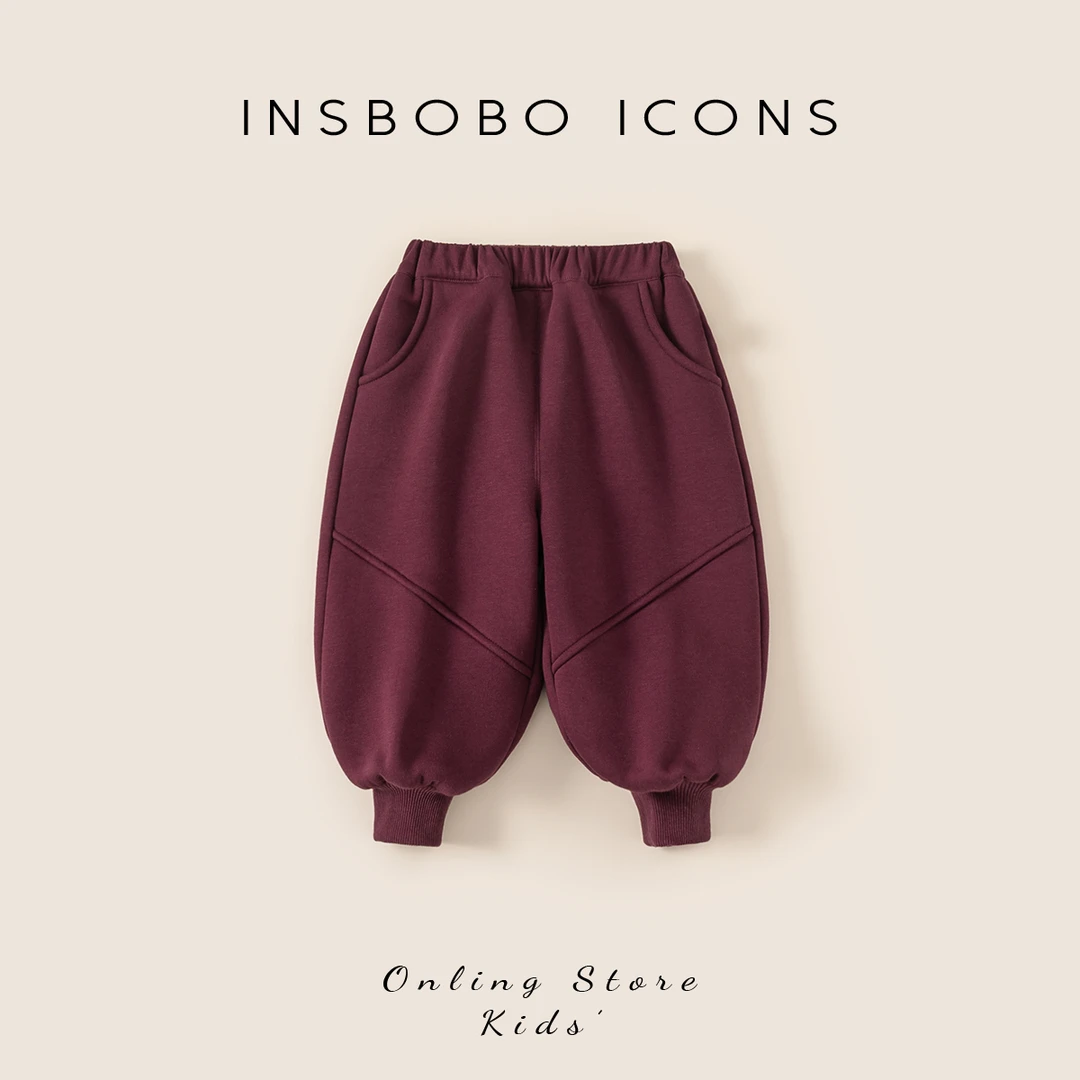 INSbobo儿童休闲裤宽松冬季保暖加绒加厚简约拼接束脚卫裤DK85035
