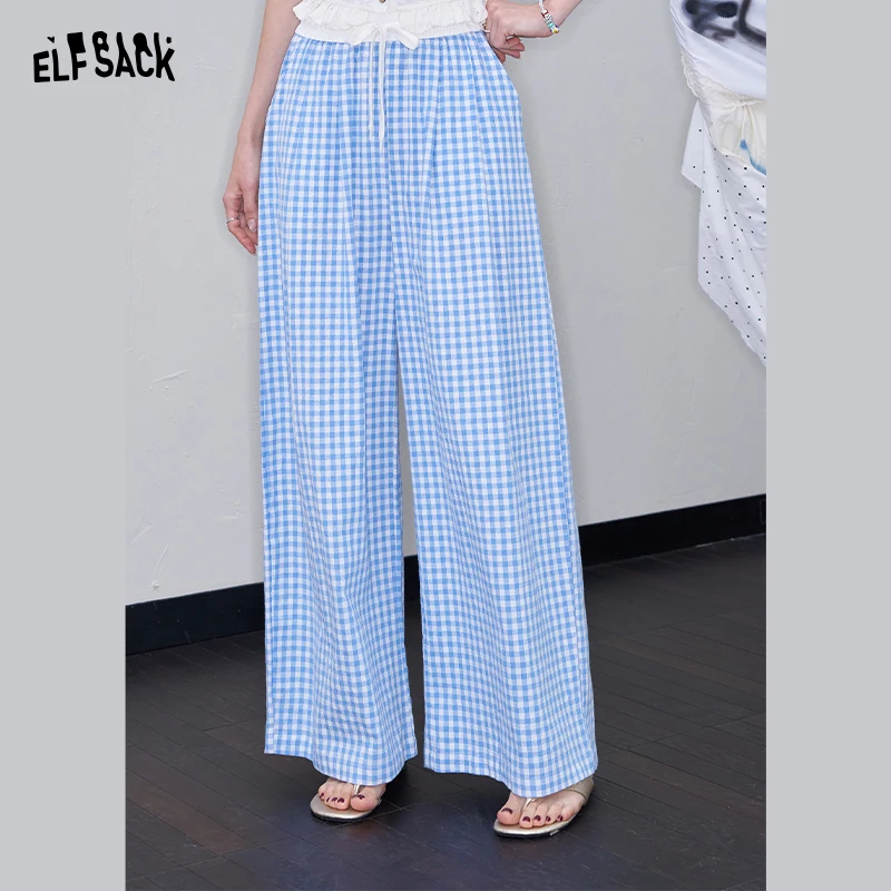 【达人专属】妖精的口袋蓝色格子阔腿休闲裤女2025年夏季新款宽