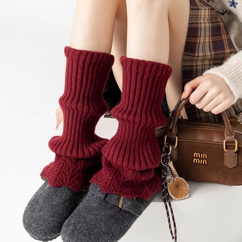百搭纯色系竖纹堆堆袜加厚粗线针织长筒袜精致镂空钩花外穿小腿套