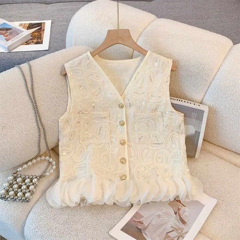 小香风开衫马甲女夏季新款刺绣亮片马夹别致网纱拼接无袖背心上衣