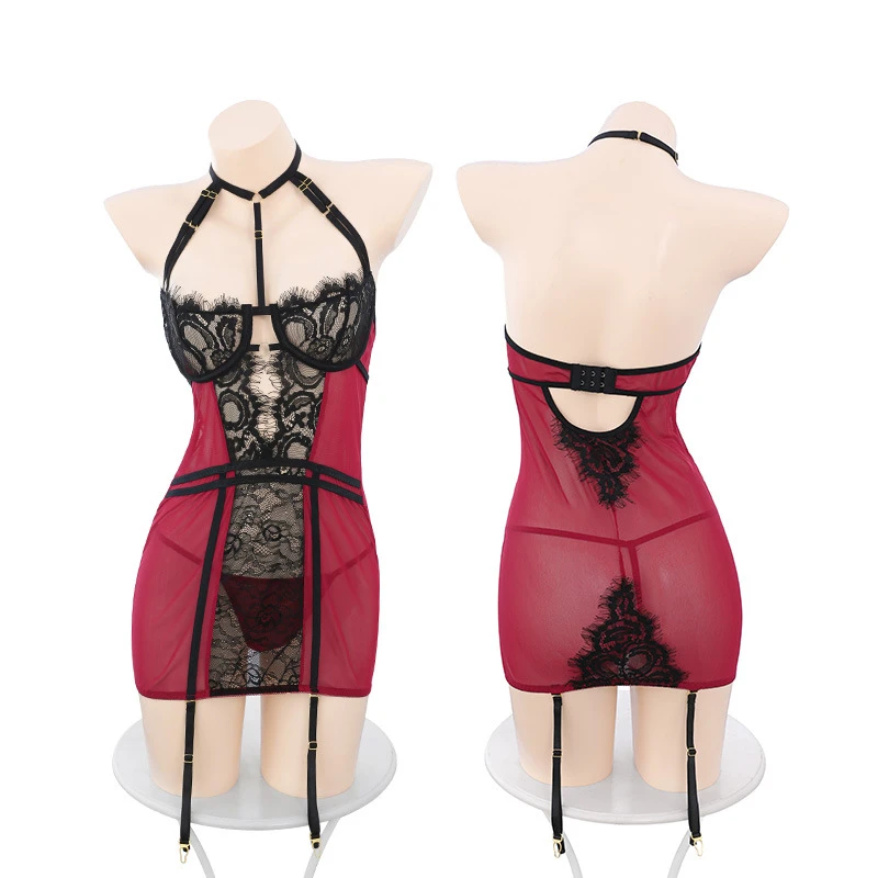 月影（80-150斤）蕾丝大码美背性感女士夏季黑色欧美睡裙连体衣镂空