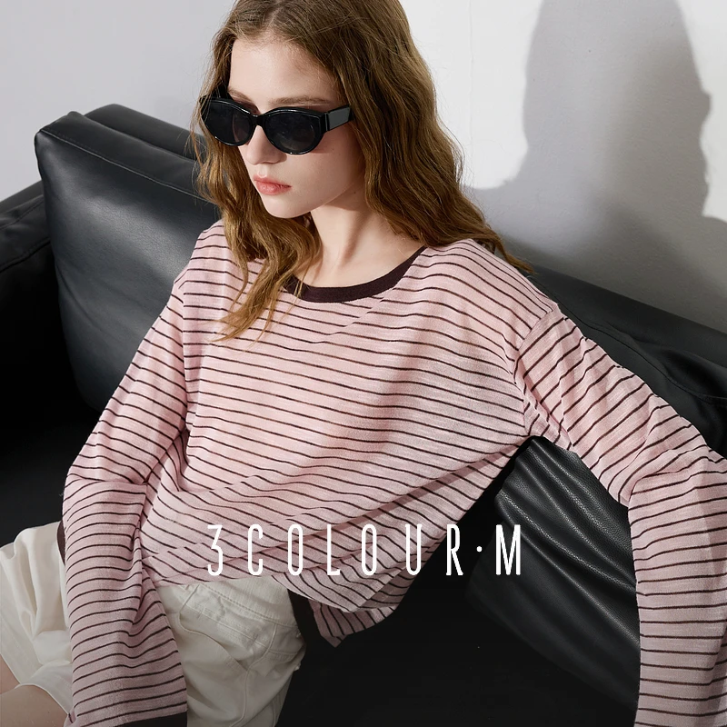 三彩2025秋季新款oversize条纹长袖针织衫罩衫空调衫轻薄上衣女M