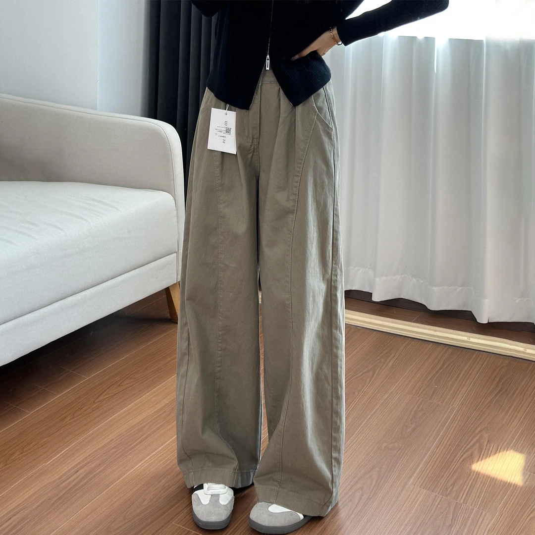 复古美式卡其色弯刀裤女秋季新款胖mm梨形身材宽松显瘦阔腿休闲裤