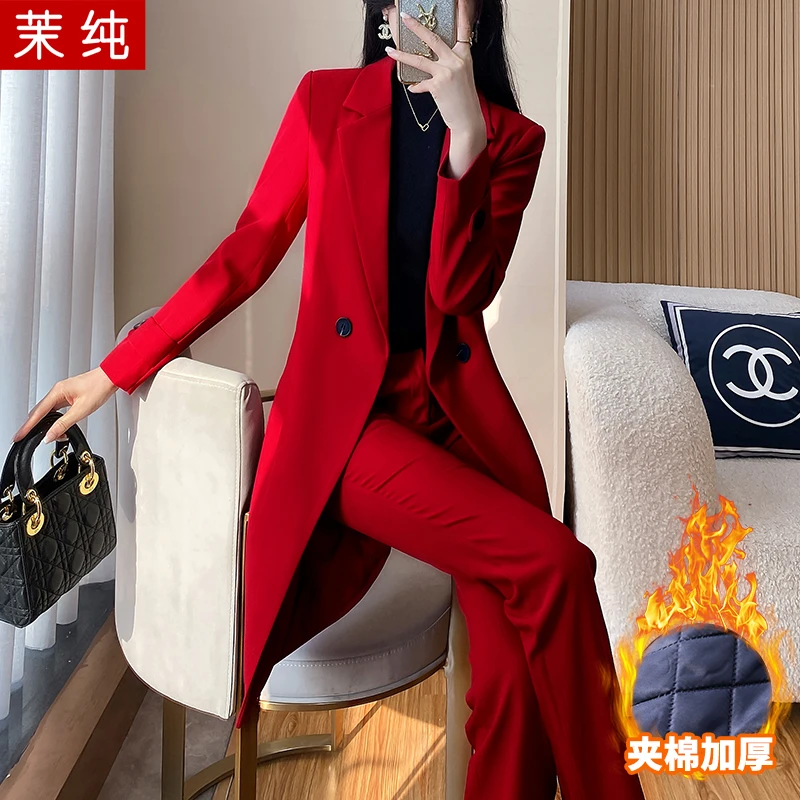 时尚洋气女盐系轻熟红色长款工装西服高级感秋冬加厚加棉职业风衣