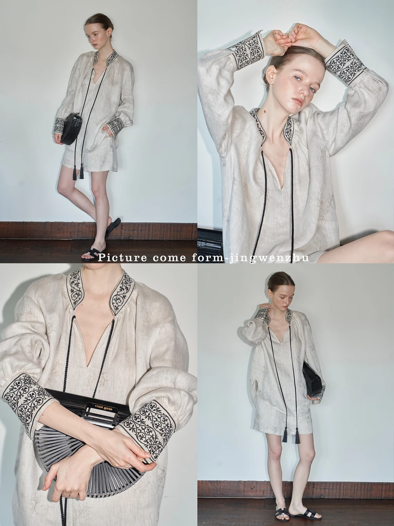 【内购】JINGWENZHU 重工艺 刺绣设计亚麻上衣➕裤子 JWZ025