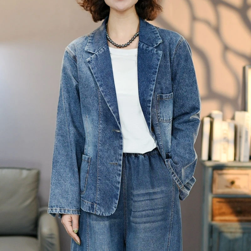 九8803蓝色女士牛仔外套西装2025春季新潮流时尚百搭上衣宽松大码