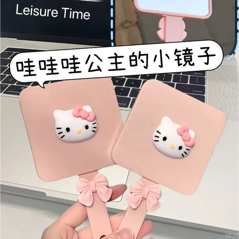 新款少女心镜梳一体KITTY猫可抽拉式手柄镜带梳子便携手持化妆镜