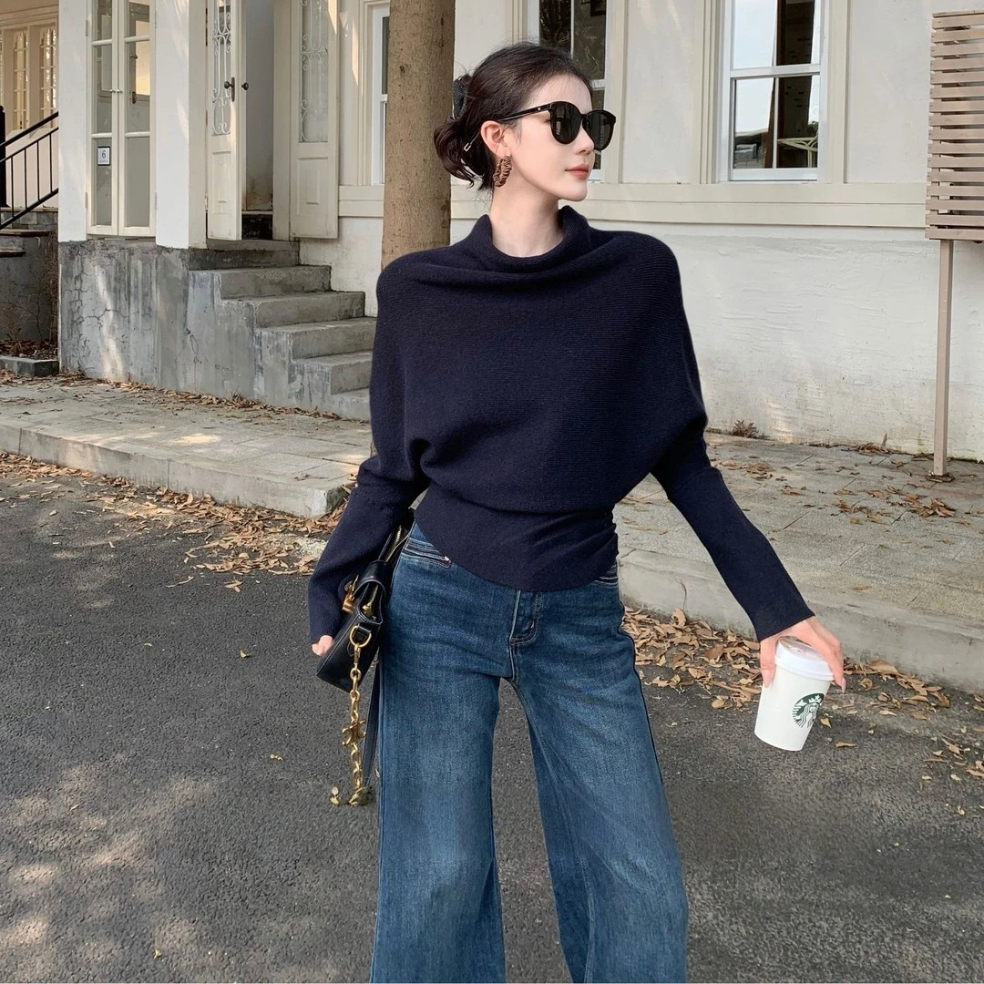 蝙蝠袖毛针织衫酷飒收腰针织上衣秋冬季宽松外穿打底设计感