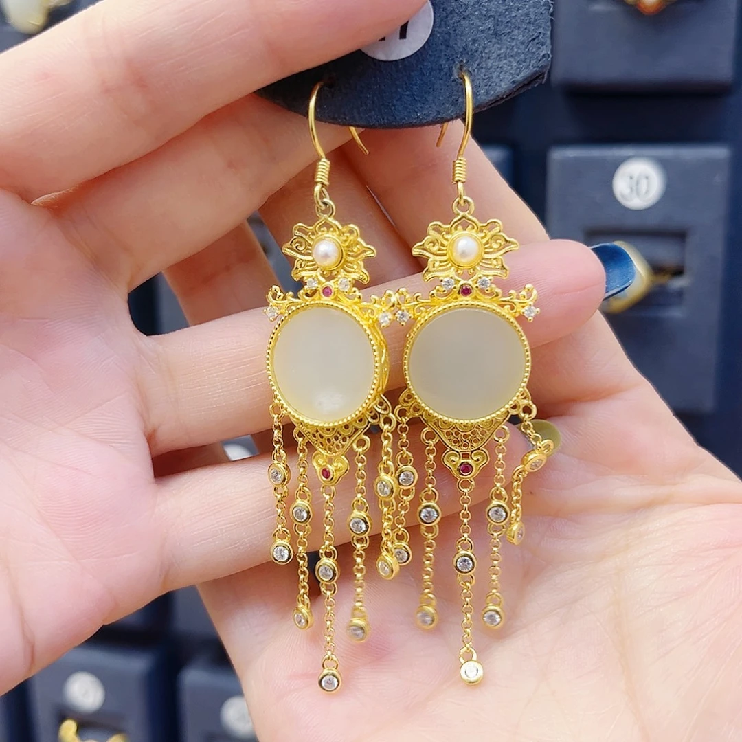 和田玉银S925镀金镶嵌耳饰