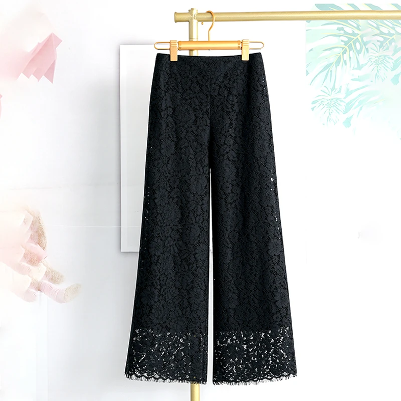 黑色阔腿裤高腰垂感九分裤夏季2025新款水溶蕾丝直筒裤宽松休闲裤