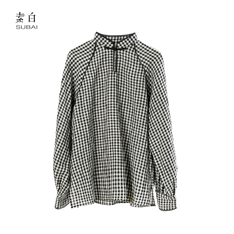 素白潮流格纹【格格】92132经典百搭通勤亚麻衬衫