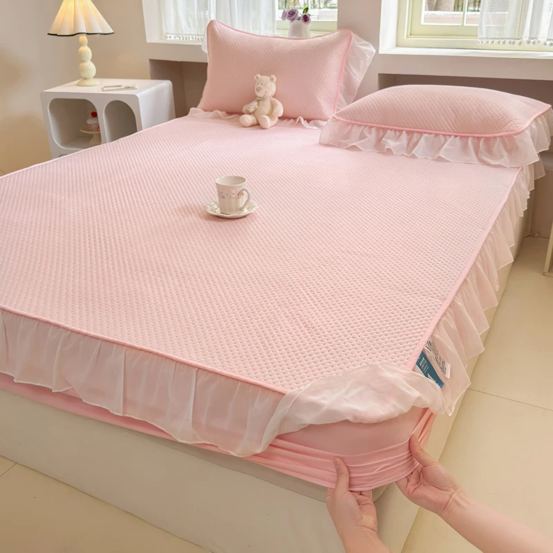 华夫格凉感床笠单件夏季冰丝床罩三件套带花边床垫保护罩1.8m床套