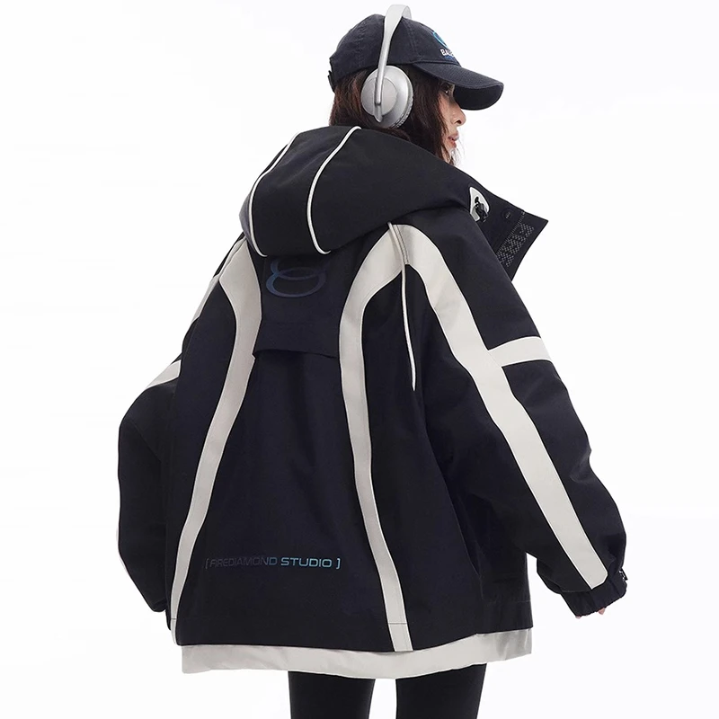 美式街头拼色情侣款连帽保暖羽绒服2024冬季新品宽松加厚休闲外套