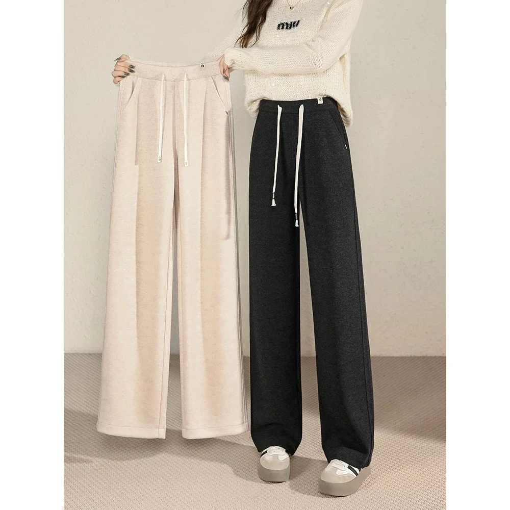 2024秋冬新款直筒宽松时尚休闲阔腿裤女松紧抽绳百搭长款HN6006