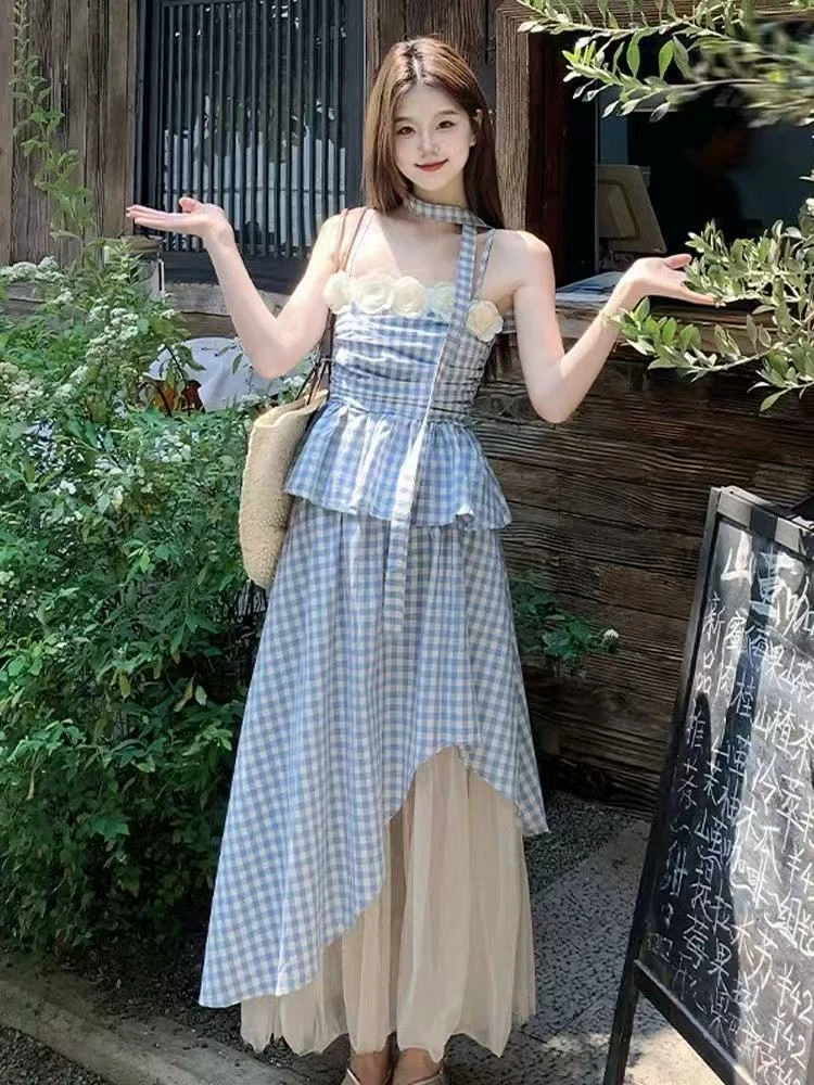 法式蓝色格子吊带拼接设计半身裙甜美女夏季大码连衣裙7922