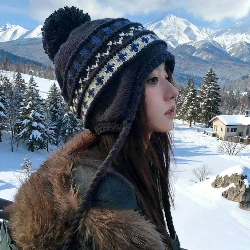 费尔岛毛球针织毛线帽女秋冬加厚保暖帽子东北防寒骑车护耳雷锋帽