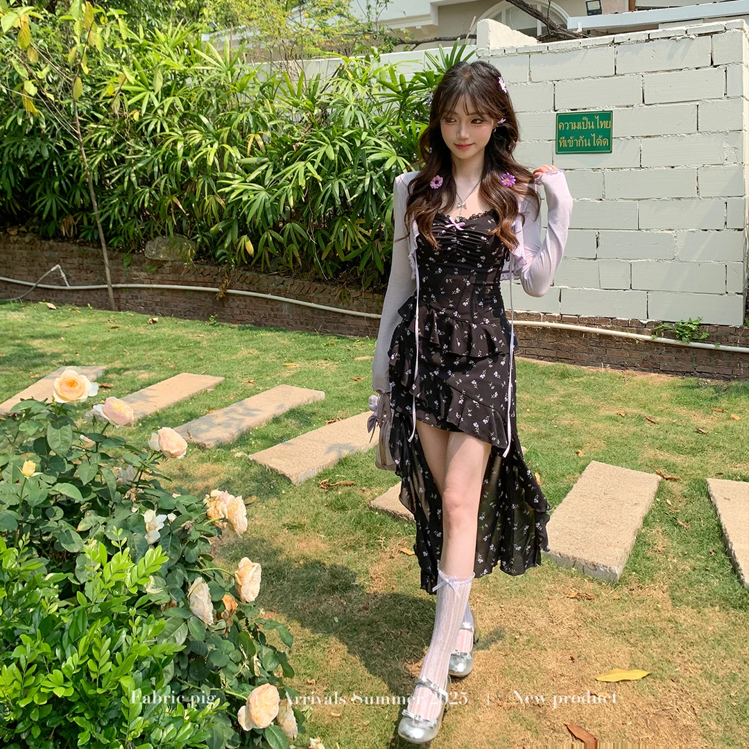 紫雾甜心 织物猪原创 紫色开衫碎花女夏不规则拖尾吊带连衣裙