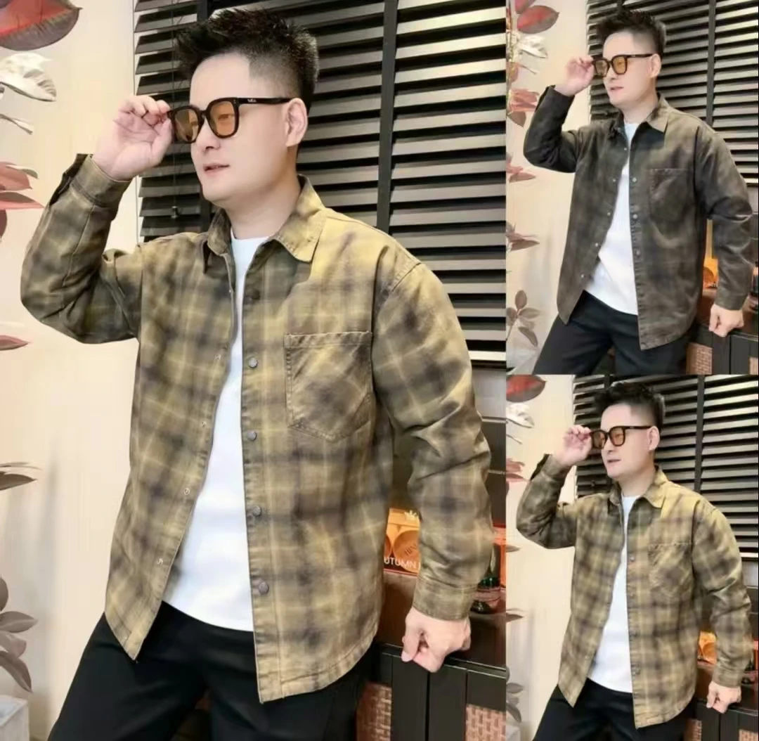 25秋季牛仔格子衬衫翻领男士修身休闲时尚长袖外套潮流韩版男工装