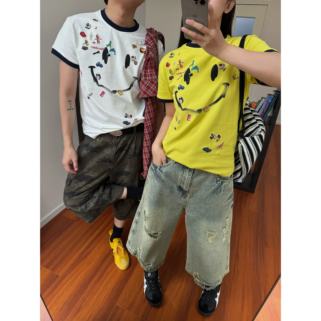 19studio WAYNEPRINCE 美式潮牌笑脸印花短袖t恤卡通贴纸休闲上衣