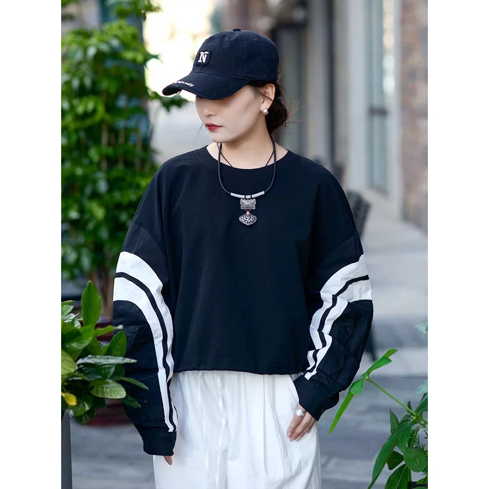 696 春季新款街头机能风短款卫衣潮牌拼接长袖上衣