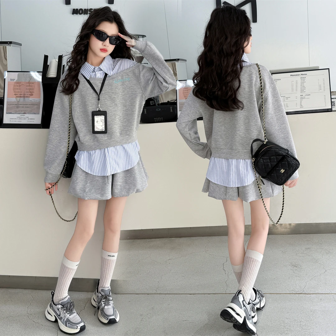 女童秋季休闲学院风衬衫领花苞裙两件套6-12岁15中大童小女孩套装