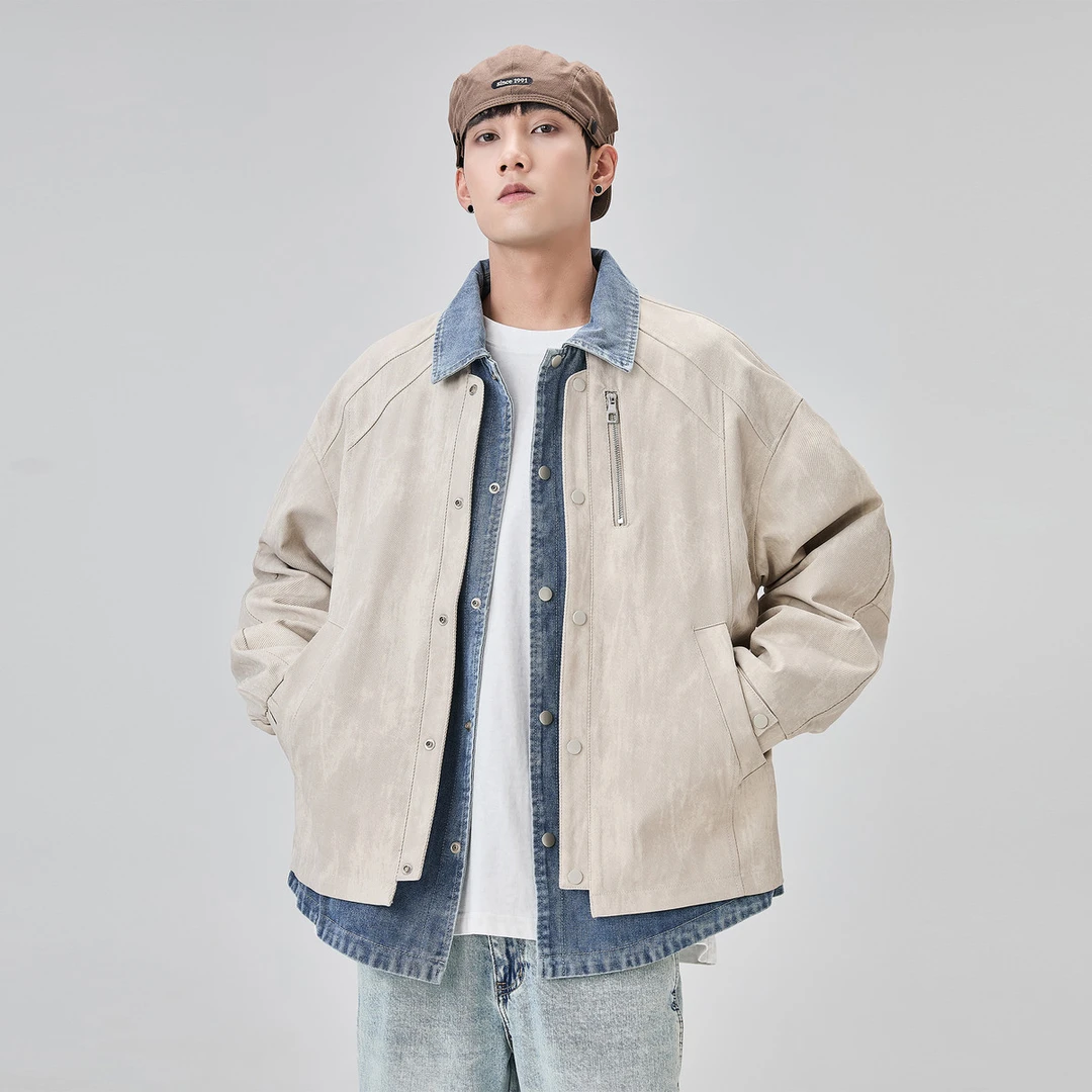 假两件牛仔拼接翻领外套男解构设计感cleanfit潮牌休闲夹克