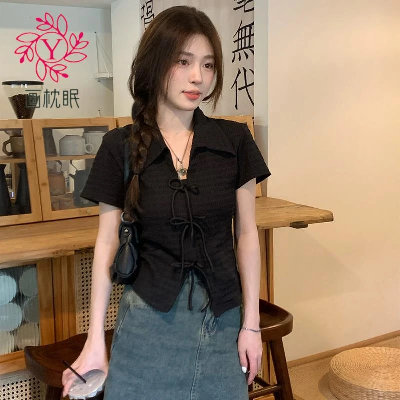 画枕眠黑色V领短袖T恤女夏季法式短款独特别致正肩收腰穿搭新中式