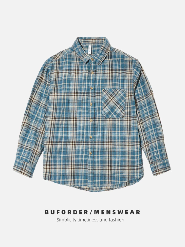 春季纯棉男士长袖衬衫休闲美式复古男装格纹衬衣宽松舒适上衣潮