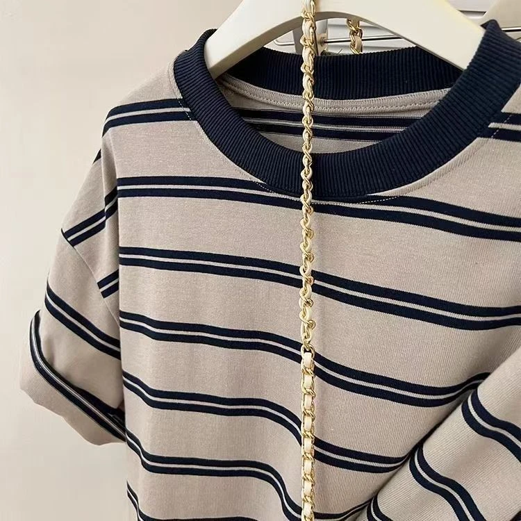 条纹短袖T恤男女同款宽边领日系夏季韩版百搭休闲慵懒纯棉25055