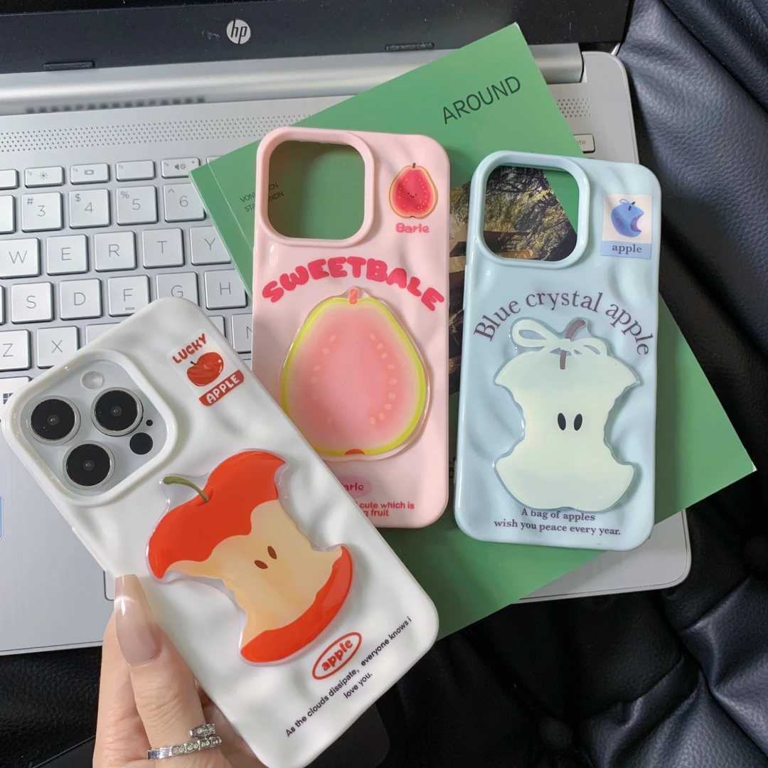 夏日水果贴片褶皱壳适用苹果16promax手机壳15/14女13/12/11小众
