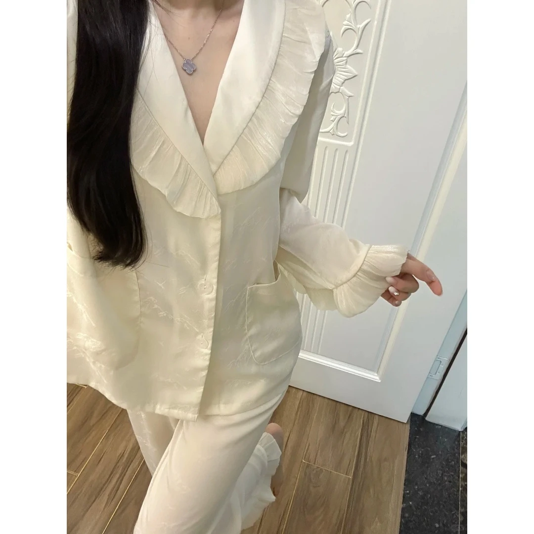 【高级感花边】气质白色款冰丝长袖睡衣女套装春夏季2025套装家居服