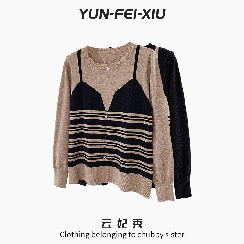 云妃秀大码女装上衣宽松圆领假两件微胖针织衫显瘦春季68572