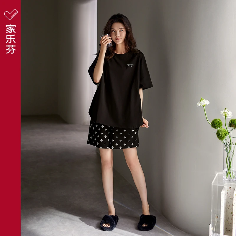 家乐芬睡衣女士夏季夏款莫代尔短袖短裤家居服休闲可外穿出门黑色
