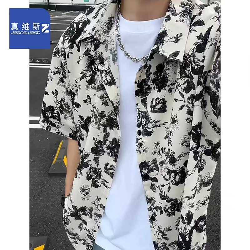 真维斯Z+冰丝凉感短袖衬衣男春夏季美式高街痞帅宽松衬衫上衣外套